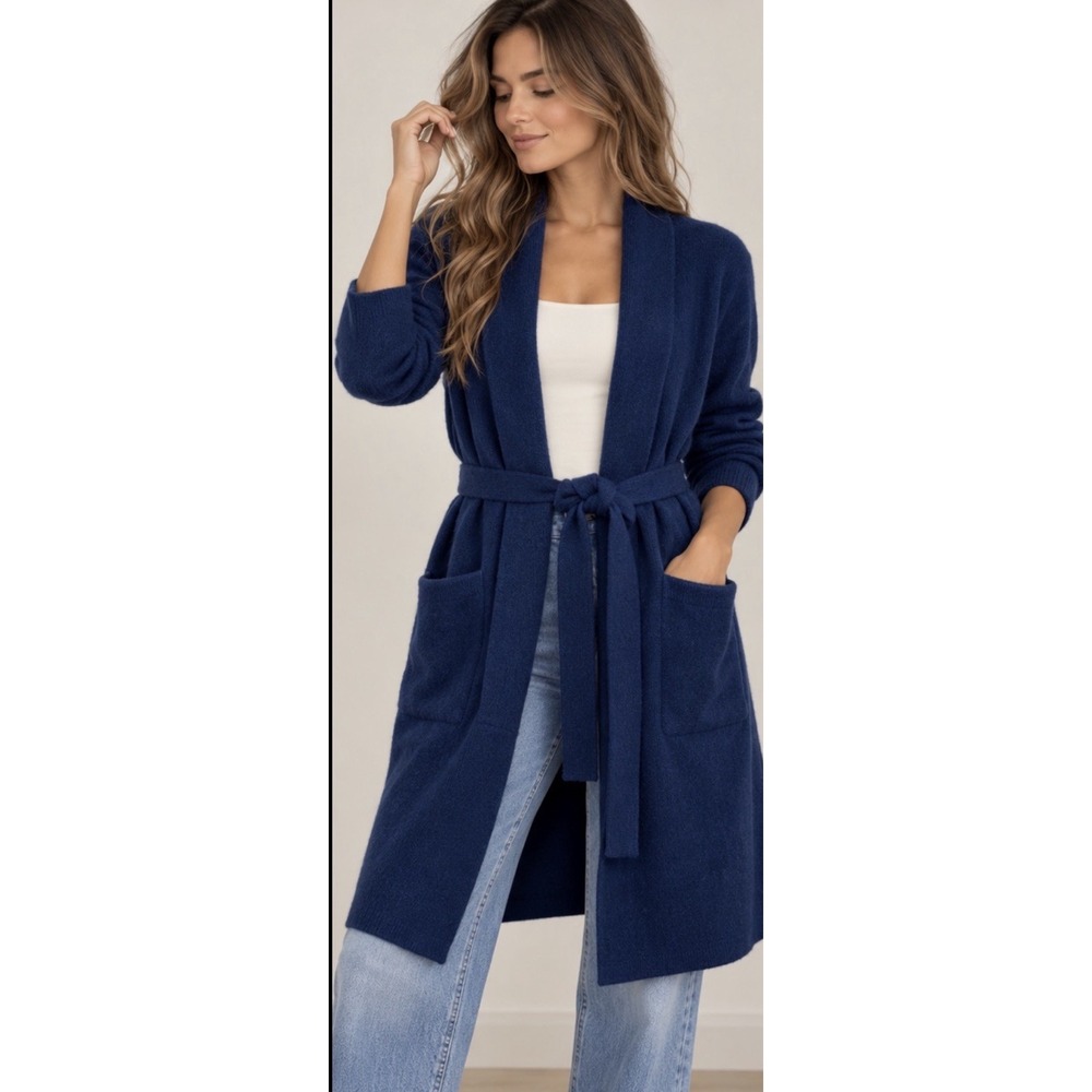 Sofia Cashmere 100% Cashmere Cardigan Sz S Blue Belted Long Duster Quiet Luxury